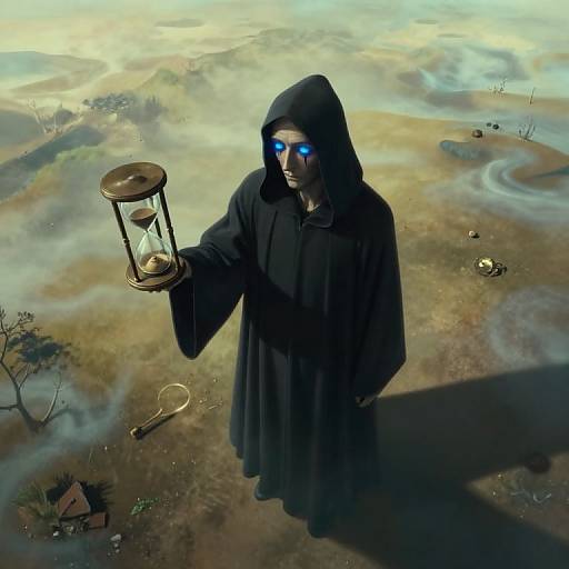 Mysterious hooded figure with glowing blue eyes holds an hourglass, standing in a foggy, desolate landscape with scattered ruins. Digital art.