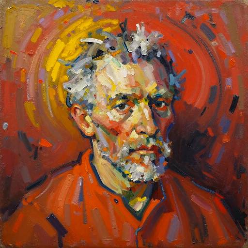 Vibrant expressionist oil painting of an older man with white hair, red and yellow halo, and intense gaze, wearing a red shirt. Bold