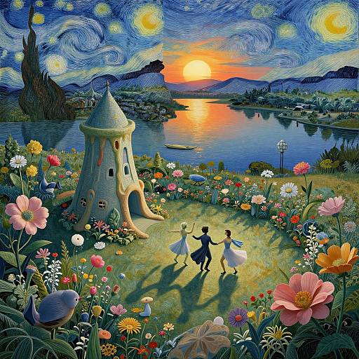 Vibrant digital artwork of a whimsical, fairy-tale landscape with a stone tower, colorful flowers, two shadowed figures dancing, and a