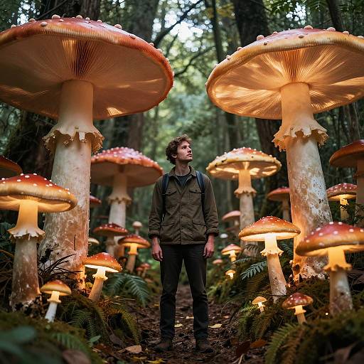 Man in Forest of Giant Glowing Mushrooms