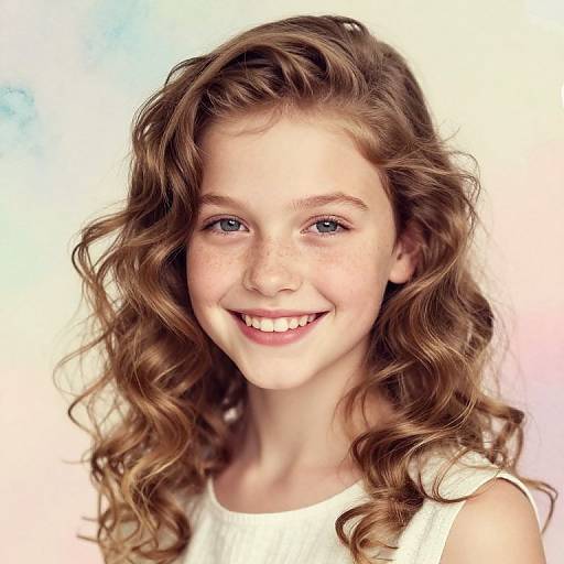 Photograph of a smiling young girl with curly brown hair, light freckles, blue eyes, wearing a white sleeveless top, against a soft