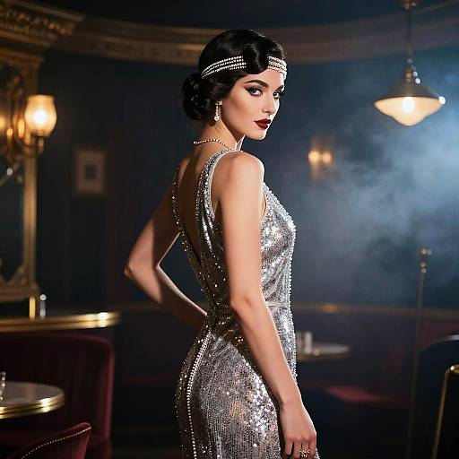 Photograph of a glamorous woman with black bob, wearing a silver sequined dress, headband, and red lipstick, in a smoky, vintage