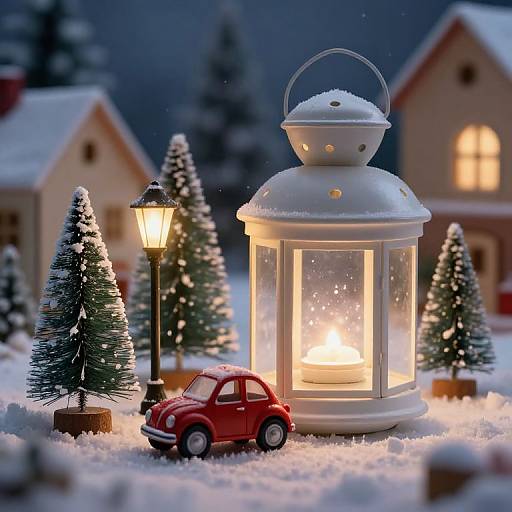 Photograph of a snowy winter scene with a glowing white lantern, red toy car, snow-covered trees, and a lit street lamp.