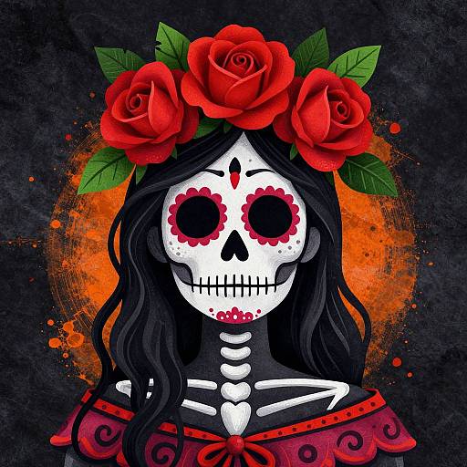 Digital art of a Day of the Dead skeleton woman with red flower crown, black hair, red eye makeup, and red shawl, set against an