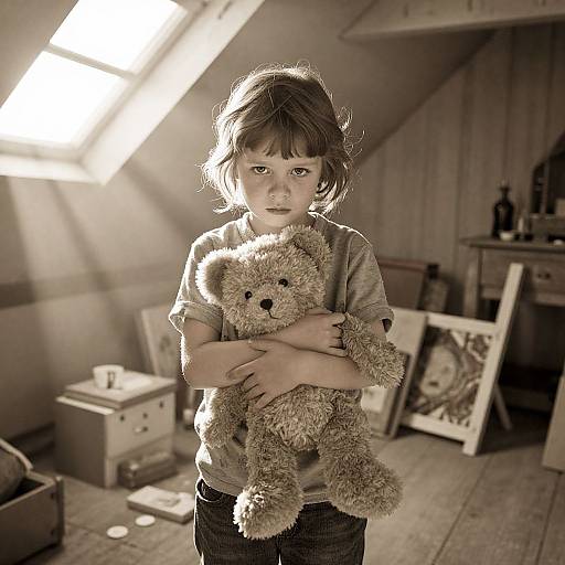 Photograph of a young boy with messy brown hair, wearing a gray shirt, hugging a fluffy brown teddy bear in a sunlit, rustic