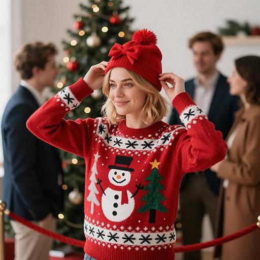 Festive Woman in Holiday Sweater Scene