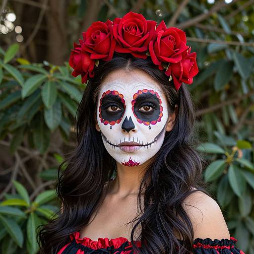 Photograph of a woman with white face paint, red flower accents, black eyes, black lipstick, red roses in hair, black off-shoulder