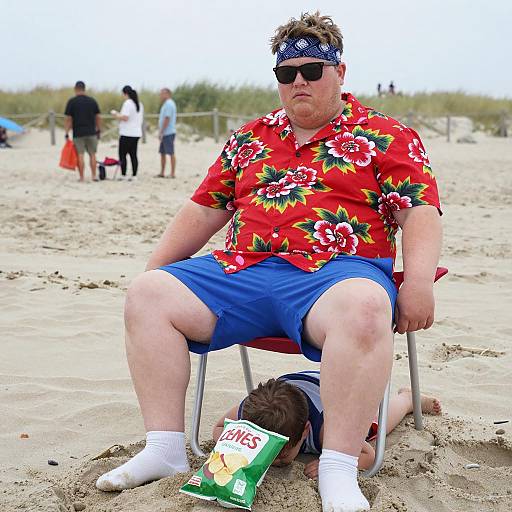 Beach Scene with Relaxed Man and Child