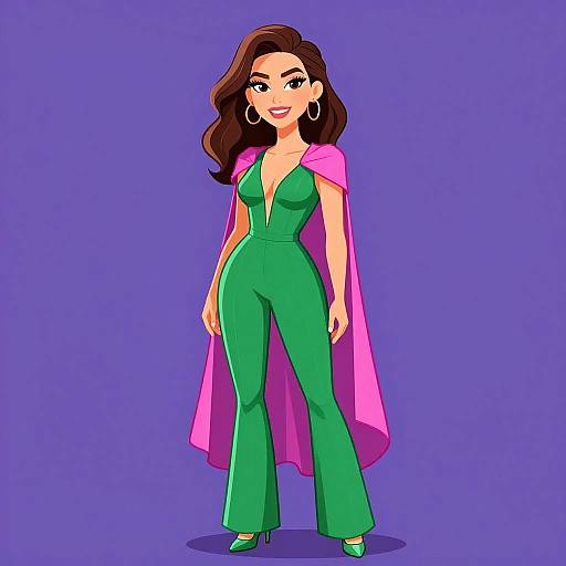 Digital cartoon of a confident woman with long brown hair, green jumpsuit, pink cape, hoop earrings, and green heels, standing against a solid purple
