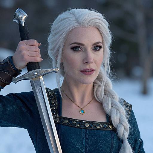 Photograph of a white-haired woman with braided hair, holding a sword, wearing a black medieval dress and blue pendant, in a snowy forest.