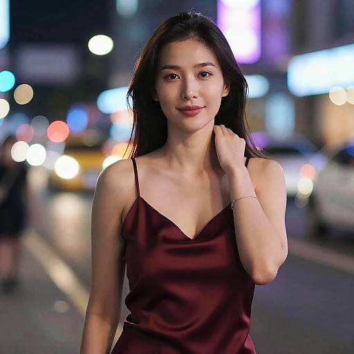 Photograph of an Asian woman with long black hair, wearing a maroon satin dress, standing on a city street at night, with blurred colorful lights