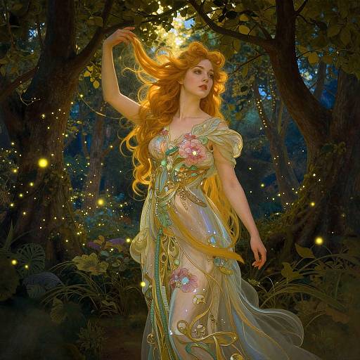 Digital fantasy artwork: A fair-skinned, red-haired woman in a shimmering, floral-patterned gown dances through a magical forest, surrounded by glowing