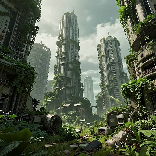Photorealistic digital artwork of a futuristic, overgrown cityscape with towering, greenery-clad skyscrapers, surrounded by abandoned, moss-covered
