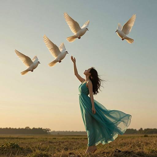 Photograph of a woman in a flowing teal dress, silhouetted against a sunset sky, reaching out to five white doves flying overhead in