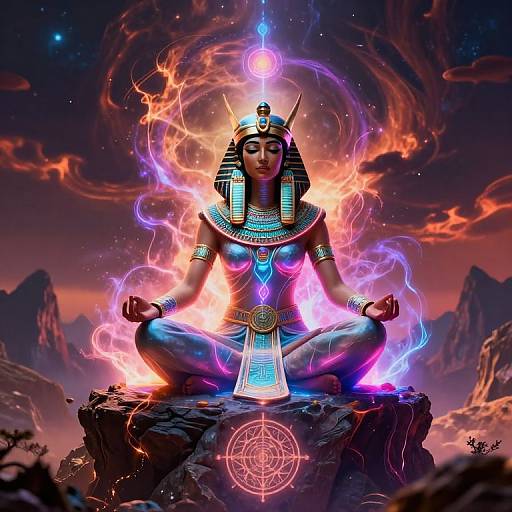 Digital artwork of a serene, dark-skinned goddess with an Egyptian headdress, seated in lotus position on a rocky peak, surrounded by vibrant,