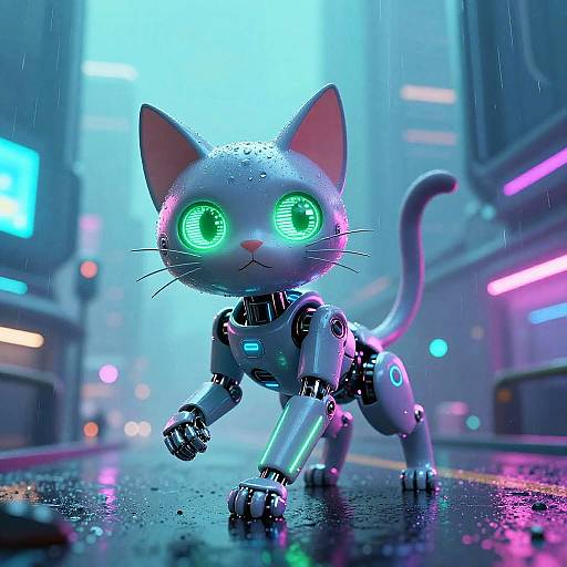 CGI image of a neon-lit, rain-soaked, cybernetic cat with glowing green eyes and metallic limbs, standing on a wet,