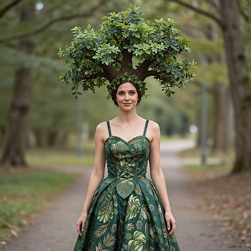 Photograph of a woman with a tree-top hat, wearing a green, leaf-patterned dress, standing on a forest path.