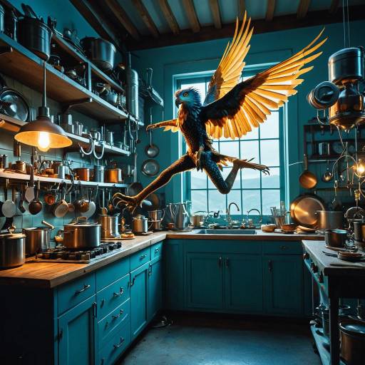 Harpy Inventor Jumping in Cliffside Laboratory Kitchen