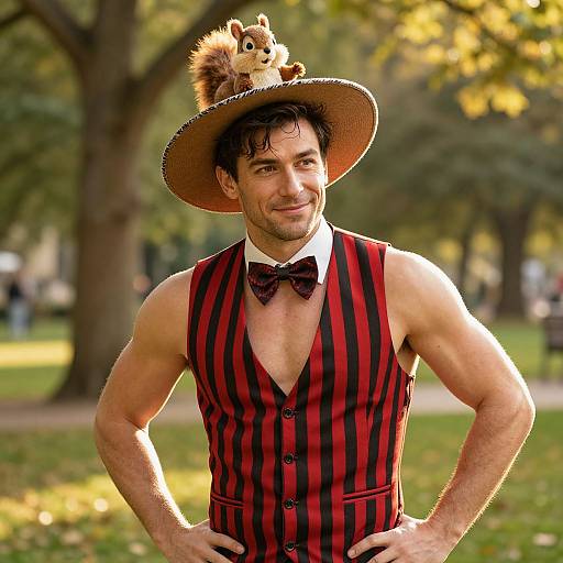 Photograph of a muscular man with dark hair and stubble, wearing a red-striped vest, bow tie, and wide-brimmed hat with a