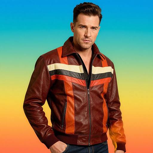 Photograph of a muscular, fair-skinned man with short brown hair, wearing a brown leather jacket with red, white, and black stripes, against