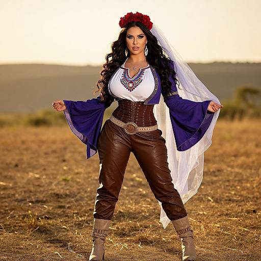 Photograph of a curvy woman with dark curly hair, wearing a white blouse, blue sleeves, brown leather pants, corset, and veil,