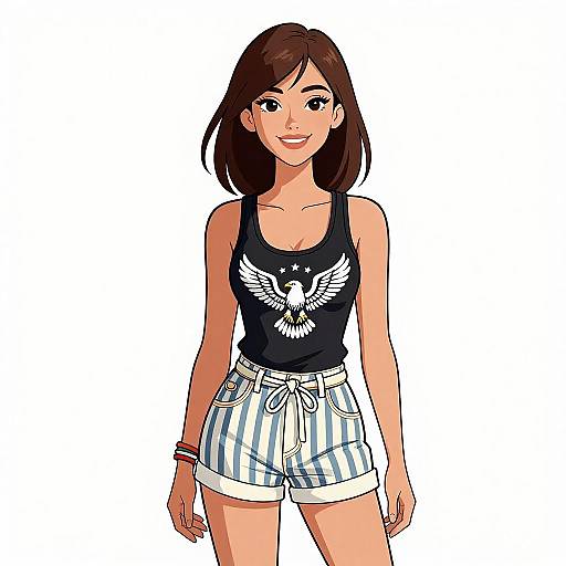 Digital anime-style drawing of a smiling young woman with brown hair, wearing a black eagle-print tank top and blue-striped high-waist shorts.