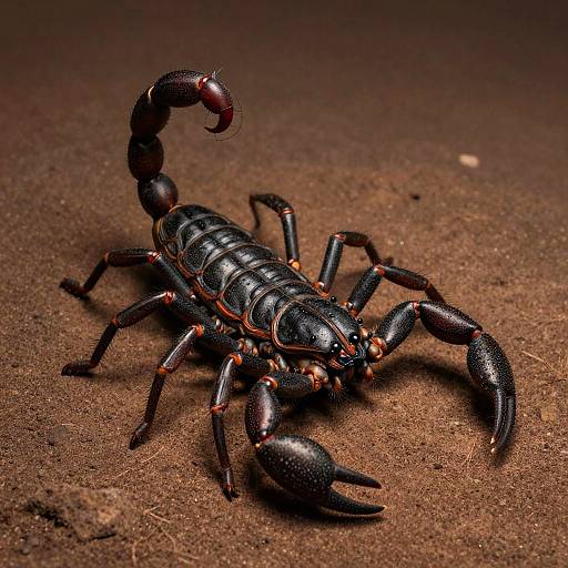 Close-up photograph of a glossy black scorpion with orange accents, positioned on rough, dark brown sand, showcasing its detailed exoskeleton and curved tail