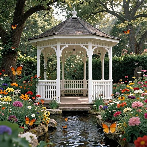 Photograph of a white Victorian gazebo with a shingled roof, surrounded by vibrant flower beds, colorful butterflies, and a small stream in a