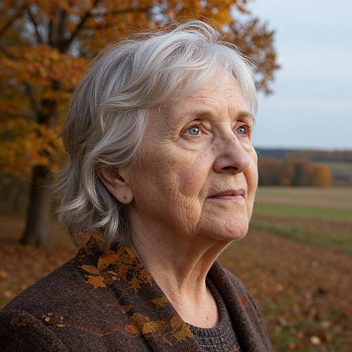 Photograph of an elderly woman with white hair, blue eyes, and wrinkled skin, wearing a brown sweater, standing in an autumnal field with