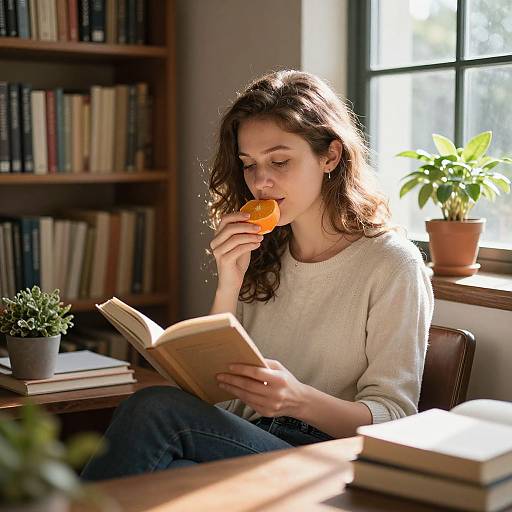 Photograph of a woman with wavy brown hair, white sweater, and blue jeans, sipping an orange while reading a book in a sunlit