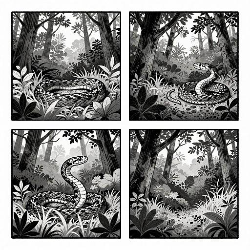 Black-and-white digital comic-style illustration of a snake coiled in a dense, detailed jungle with large leaves and towering trees. Four square panels depict the