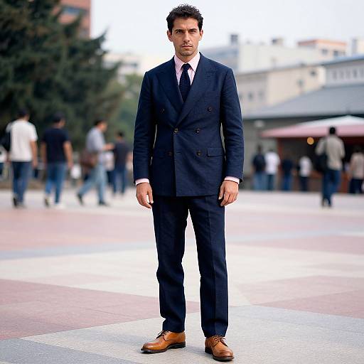 Photograph of a serious-looking man in a dark navy suit, white shirt, pink tie, and brown shoes standing in a busy urban plaza with blurred