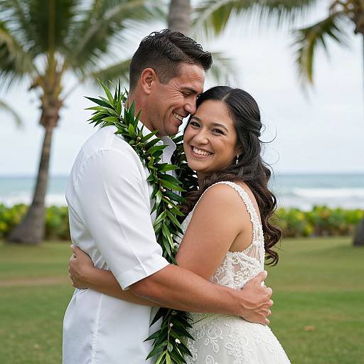 Photograph of a smiling Asian bride in a white lace dress and groom in a white shirt, hugging and laughing outdoors with palm trees and ocean in