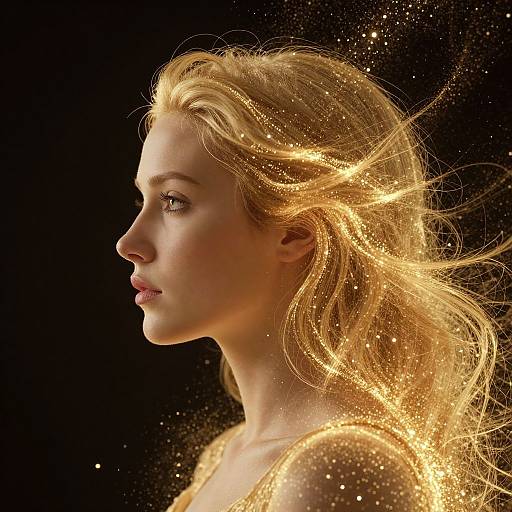 Photograph of a blonde woman in profile, illuminated with golden, sparkling light against a black background, her hair flowing gracefully.