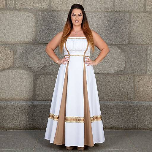 Photograph of a smiling woman with long brown hair in a strapless white and beige full-length dress, standing against a gray stone wall.