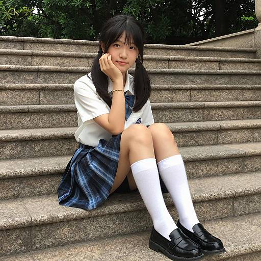Young Asian woman sitting on stone steps