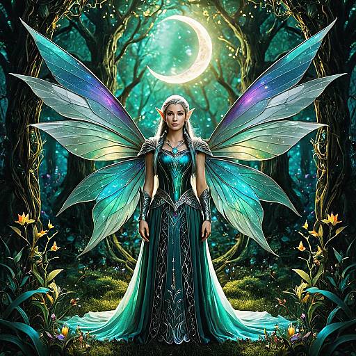 Elven Princess with Iridescent Wings in Enchanted Forest