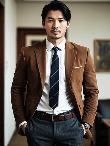 Asian Man in Brown Jacket and Tie