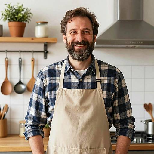 Photograph of a smiling bearded man with dark hair, wearing a blue checkered shirt and beige apron, standing in a bright, modern kitchen