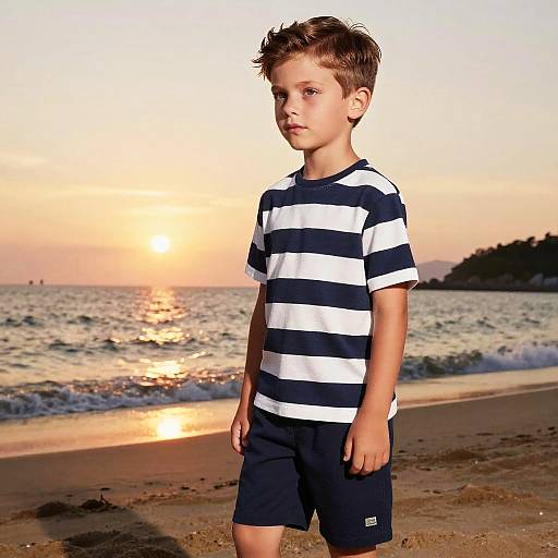 Boy with Deep Side Part Hairstyle at Beach Sunset