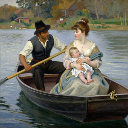 Oil painting of a black-haired man rowing a boat with a fair-skinned woman in a blue dress holding a baby on her lap. Autumn landscape