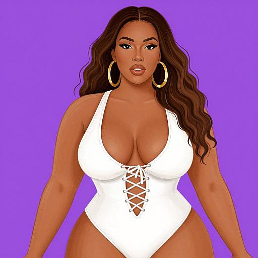 Digital illustration of a curvy, dark-skinned woman with long wavy brown hair, wearing a white, deep-cut, lace-up swimsuit,