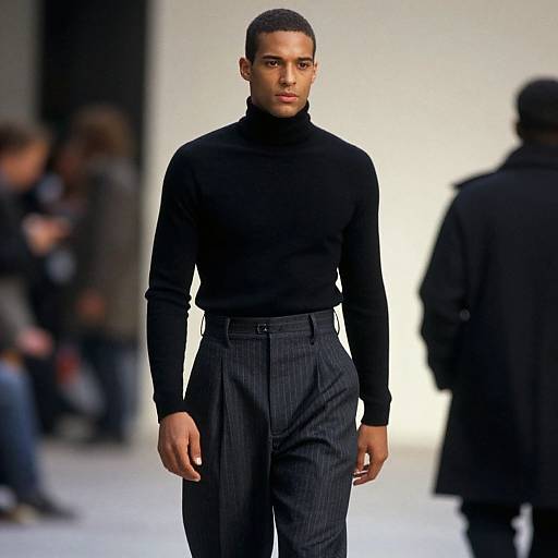 Male Model in Black Turtleneck and Pinstriped Trousers