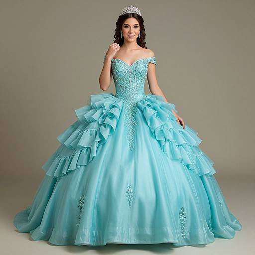 Photograph of a smiling woman with dark hair wearing a light blue, off-shoulder, ruffled ball gown and silver tiara, standing against