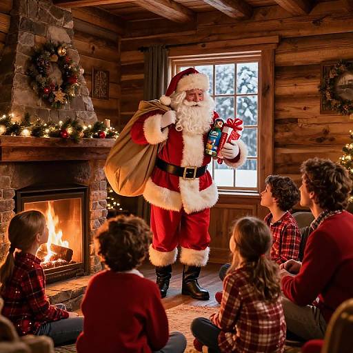 Photograph of Santa Claus in red suit, holding sack and gifts, standing in cozy wooden cabin with fireplace, surrounded by children in plaid red shirts