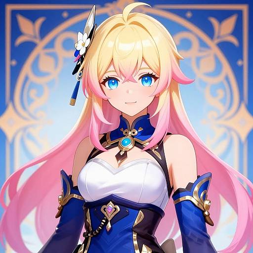 Digital anime-style illustration of a blonde, pink-haired girl with blue eyes, wearing a blue and white fantasy armor outfit, adorned with gold and blue accents