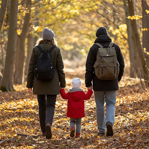 Photograph of a family walking hand-in-hand down a leaf-covered forest path in autumn, with golden sunlight filtering through trees.