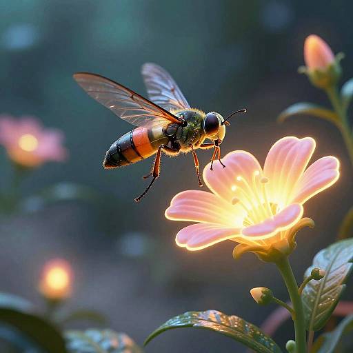 Neon Humming Insect in Futuristic Garden