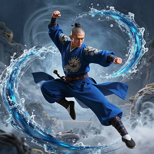 Digital art of a bald, muscular martial artist in a blue kimono, performing a dynamic water circle kick, surrounded by swirling blue water.