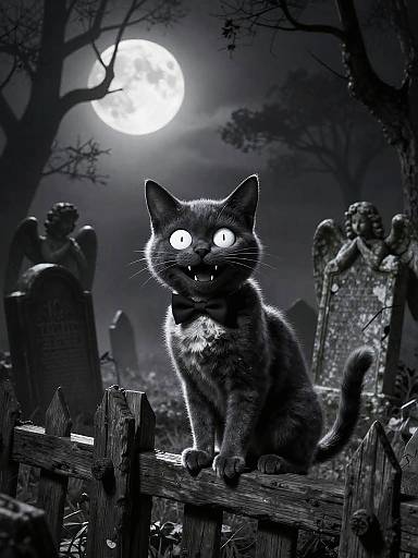 Monochromatic digital artwork of a glowing-eyed, black cat with a white chest patch sitting on a wooden fence in a spooky graveyard at night, with